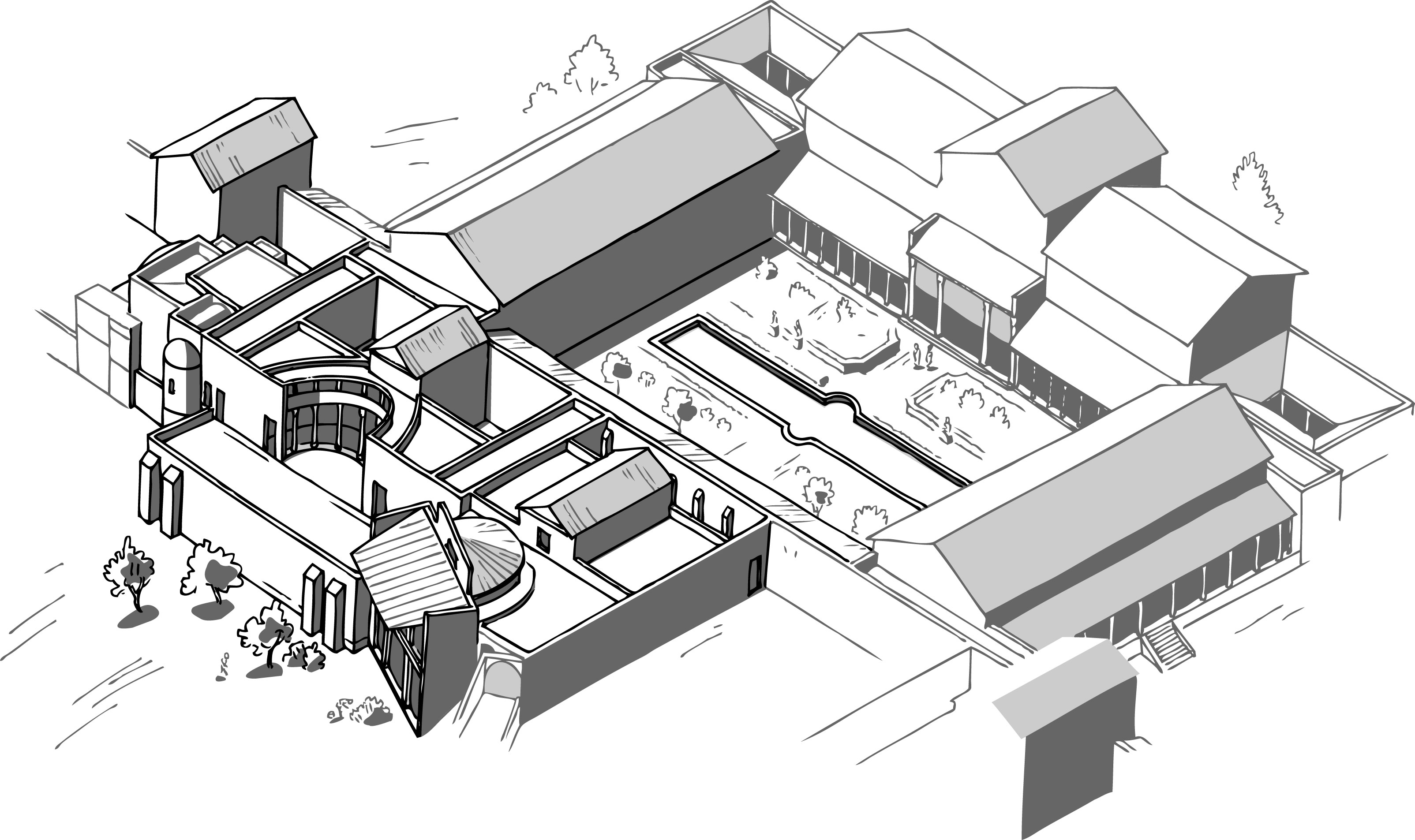 Antiquité romaine (Ier au IIIème siècle) - Restitution de la villa romaine de Pully, illustration B. Reymond d’après P. André. Source : MAY CASTELLA C. (dir.), La villa romaine du Prieuré à Pully et ses peintures murales, Lausanne : Cahiers d’archéologie romande, 2013, p. 300, fig. 364.